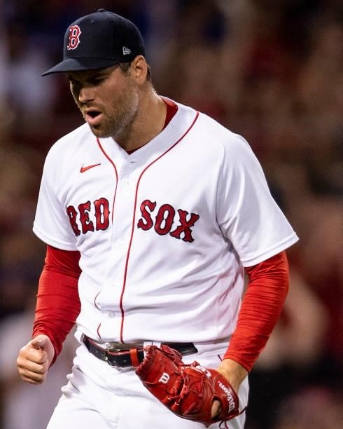 Adam Ottavino of the Boston Red Sox reacts during the eighth inning of a game against the Minnesota Twins on August 24, 2021 at Fenway Park in...
