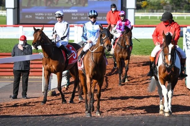 Ghodeleine ridden by Ben Melham returns to the mounting yard after winning the Ladbrokes Easy Form Handicap at Ladbrokes Park Lakeside Racecourse on...