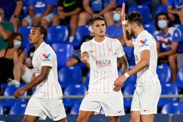 Erik Lamela of Sevilla FC celebrates goal 0-1 with Jules Kounde of Sevilla FC, Rafa Mir of Sevilla FC during the La Liga Santander match between...