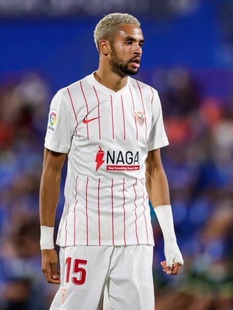 Youssef En Nesyri of Sevilla FC during the La Liga Santander match between Getafe v Sevilla at the Coliseum Alfonso Perez on August 23, 2021 in...