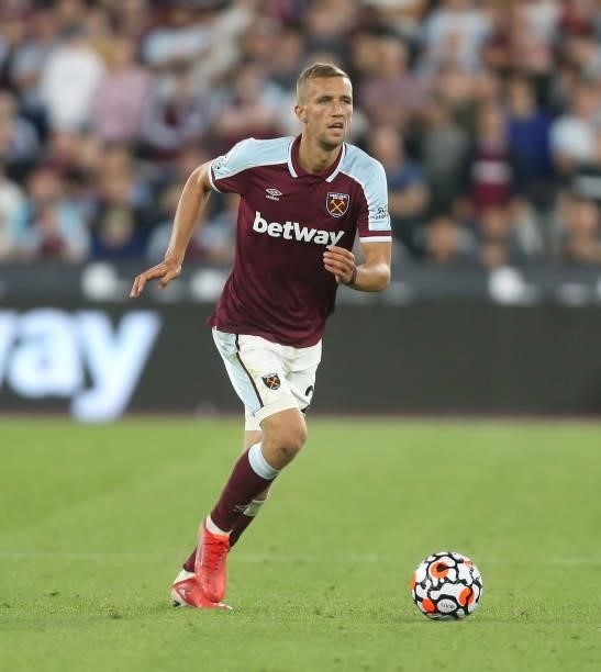 West Ham United's Tomas Soucek during the Premier League match between West Ham United and Leicester City at The London Stadium on August 23, 2021 in...