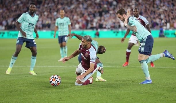 West Ham United's Said Benrahma goes down in the penalty box but no penalty was awarded during the Premier League match between West Ham United and...