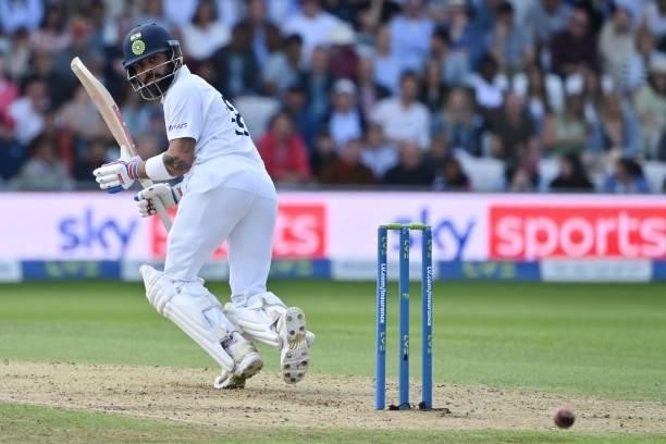 India's captain Virat Kohli plays a shot on the first day of the third cricket Test match between England and India at Headingley cricket ground in...