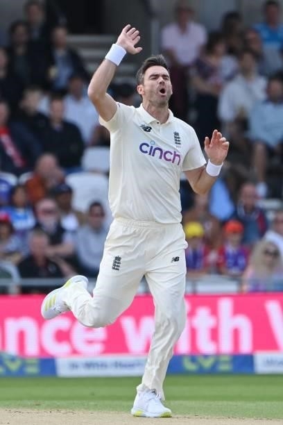 England's James Anderson reacts on the first day of the third cricket Test match between England and India at Headingley cricket ground in Leeds,...