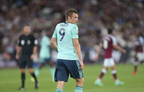 Leicester City's Jamie Vardy during the Premier League match between West Ham United and Leicester City at The London Stadium on August 23, 2021 in...