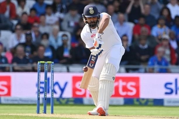 India's Rohit Sharma plays a shot on the first day of the third cricket Test match between England and India at Headingley cricket ground in Leeds,...