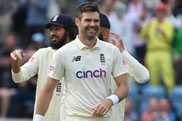 England's James Anderson celebrates taking the wicket of India's KL Rahul on the first day of the third cricket Test match between England and India...