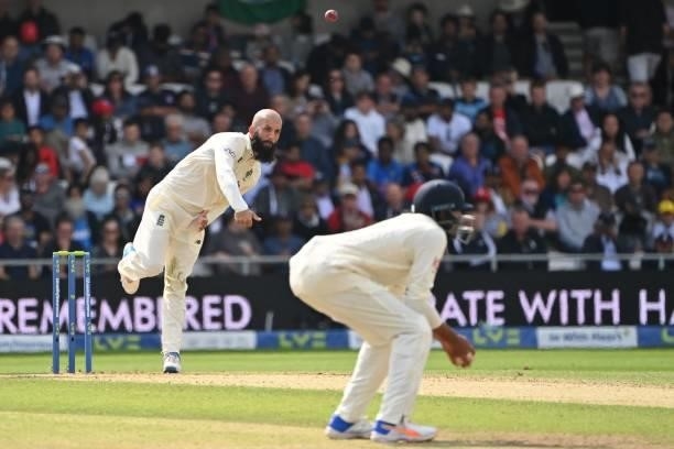 England's Moeen Ali bowls on the first day of the third cricket Test match between England and India at Headingley cricket ground in Leeds, northern...