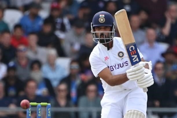 India's Ajinkya Rahane plays a shot on the first day of the third cricket Test match between England and India at Headingley cricket ground in Leeds,...