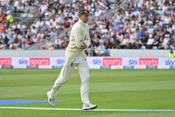 England's captain Joe Root goes off after hurting his finger on the first day of the third cricket Test match between England and India at Headingley...
