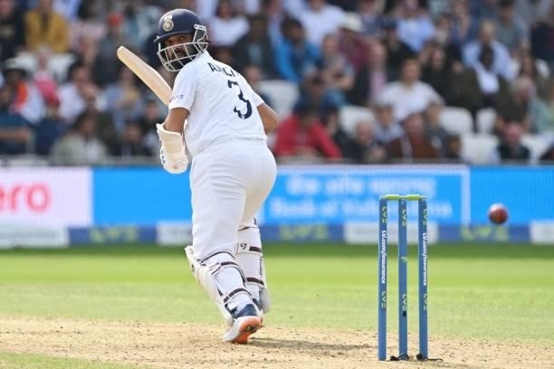 India's Ajinkya Rahane plays a shot on the first day of the third cricket Test match between England and India at Headingley cricket ground in Leeds,...
