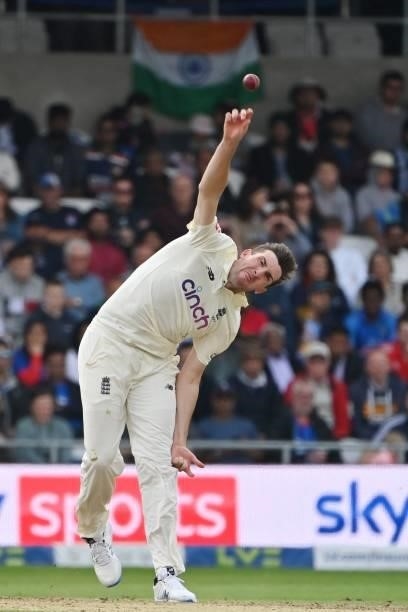 England's Craig Overton bowls on the first day of the third cricket Test match between England and India at Headingley cricket ground in Leeds,...