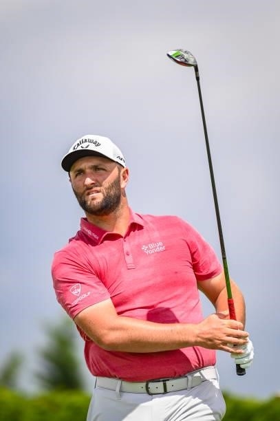 Jon Rahm of Spain plays his shot from the first tee during the final round of THE NORTHERN TRUST, the first event of the FedExCup Playoffs, at...