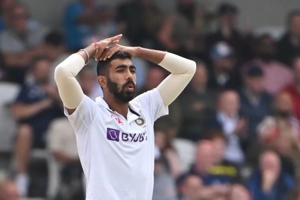 India's Jasprit Bumrah reacts as he bowls on the first day of the third cricket Test match between England and India at Headingley cricket ground in...