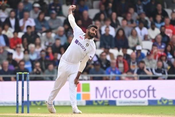 India's Jasprit Bumrah bowls on the first day of the third cricket Test match between England and India at Headingley cricket ground in Leeds,...