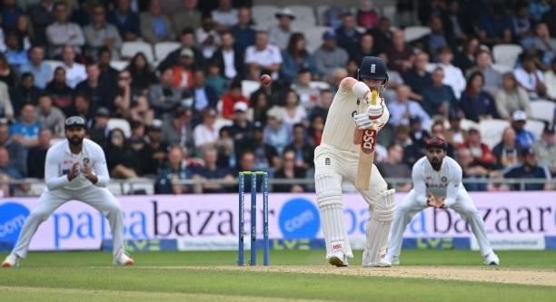 England's Rory Burns faces a delivery on the first day of the third cricket Test match between England and India at Headingley cricket ground in...
