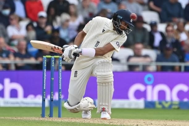 England's Haseeb Hameed avoids a delivery on the first day of the third cricket Test match between England and India at Headingley cricket ground in...