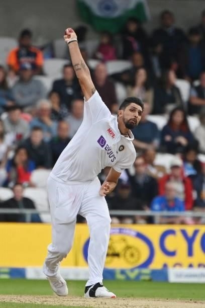 India's Ishant Sharma bowls on the first day of the third cricket Test match between England and India at Headingley cricket ground in Leeds,...