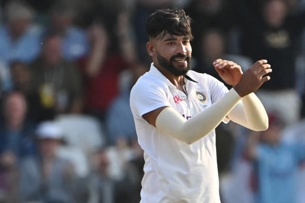 India's Mohammed Siraj reacts on the first day of the third cricket Test match between England and India at Headingley cricket ground in Leeds,...