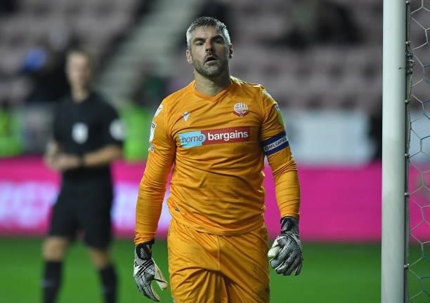 Bolton Wanderers' Matthew Gilks during the Carabao Cup Second Round match between Wigan Athletic and Bolton Wanderers at DW Stadium on August 24,...