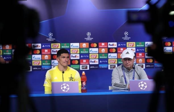 Henrique Luvannor of Sheriff and Head coach of Sheriff Iurii Vernydub speaks during press conference after the UEFA Champions League Play-Offs Leg...