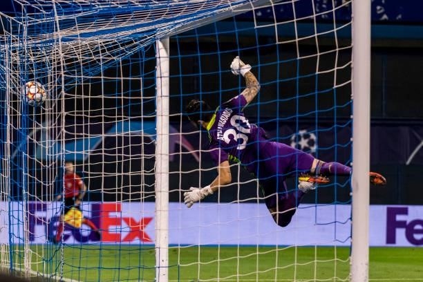 Giorgos Athanasiadis of FC Sheriff saves a shot during the UEFA Champions League Play-Offs Leg Two match between Dinamo Zagreb and FC Sheriff at...
