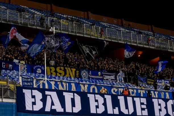 Dinamo Zagreb fans Bad Blue Boys sing during the UEFA Champions League Play-Offs Leg Two match between Dinamo Zagreb and FC Sheriff at Maksimir...