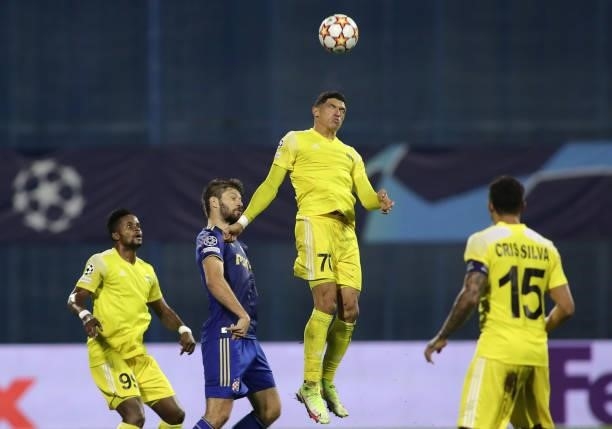 Henrique Luvannor of Sheriff jumps for a header during the UEFA Champions League Play-Offs Leg Two match between Dinamo Zagreb and FC Sheriff at...