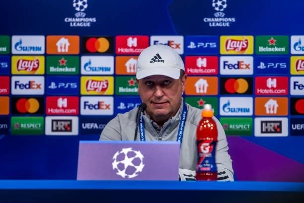 Sheriffs head coach Iurii Vernydub speaks during the press conference after the UEFA Champions League Play-Offs Leg Two match between Dinamo Zagreb...