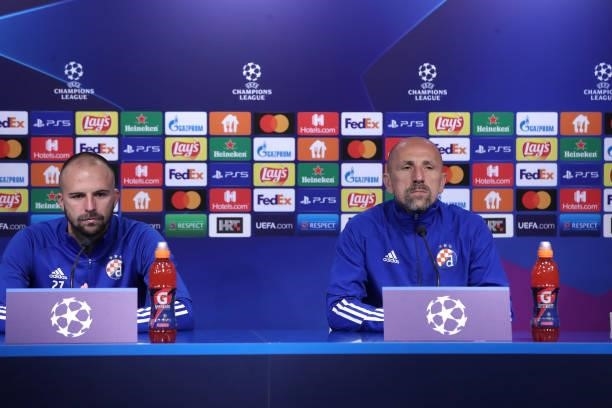 Josip Misic of Dinamo and Head coach of Dinamo Zagreb Damir Krznar speaks during a press conference after the UEFA Champions League Play-Offs Leg Two...