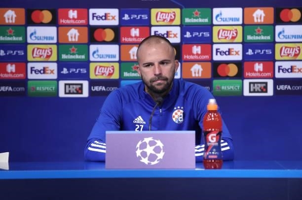 Josip Misic of Dinamo speaks during a press conference after the UEFA Champions League Play-Offs Leg Two match between Dinamo Zagreb and FC Sheriff...