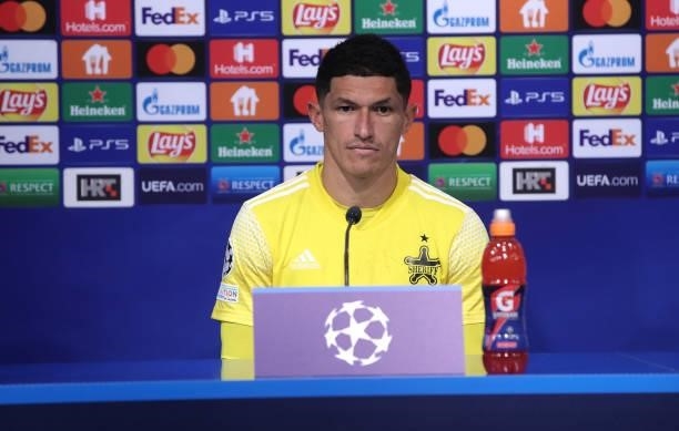 Henrique Luvannor of Sheriff speaks during press conference after the UEFA Champions League Play-Offs Leg Two match between Dinamo Zagreb and FC...