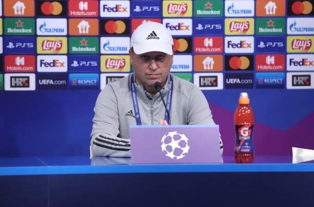 Head coach of Sheriff Iurii Vernydub speaks during press conference after the UEFA Champions League Play-Offs Leg Two match between Dinamo Zagreb and...