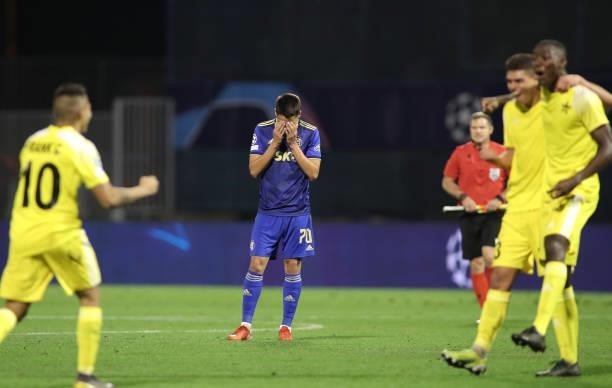 Luka Menalo of Dinamo reacts after the UEFA Champions League Play-Offs Leg Two match between Dinamo Zagreb and FC Sheriff at Maksimir Stadium on...