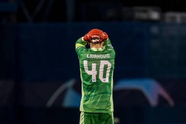 Dominik Livakovic of Dinamo Zagreb look dejected during the UEFA Champions League Play-Offs Leg Two match between Dinamo Zagreb and FC Sheriff at...