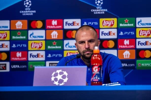 Josip Misic of Dinamo Zagreb speaks during the press conference after the UEFA Champions League Play-Offs Leg Two match between Dinamo Zagreb and FC...