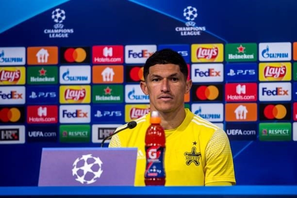 Henriuqe Luvannor of FC Sheriff speaks during the press conference after the UEFA Champions League Play-Offs Leg Two match between Dinamo Zagreb and...