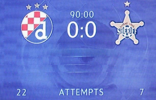 Scoreboard is pictured after the UEFA Champions League Play-Offs Leg Two match between Dinamo Zagreb and FC Sheriff at Maksimir Stadium on August 25,...