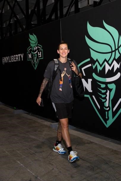 Assistant Coach, Jacki Gemelos of the New York Liberty arrives to the game against the Phoenix Mercury on August 25, 2021 at Barclays Center in...