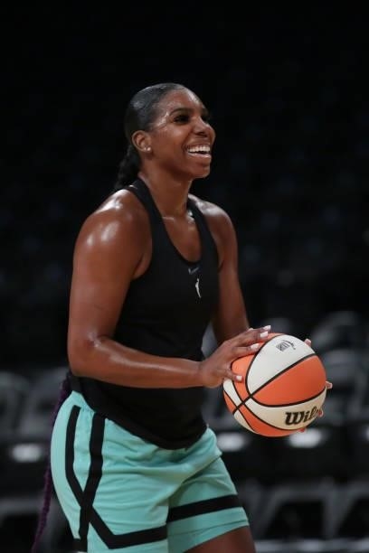 Reshanda Gray of the New York Liberty smiles before the game against the Phoenix Mercury on August 25, 2021 at Barclays Center in Brooklyn, New York....