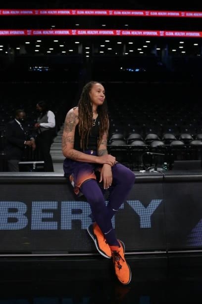 Brittney Griner of the Phoenix Mercury looks on before the game against the New York Liberty on August 25, 2021 at Barclays Center in Brooklyn, New...