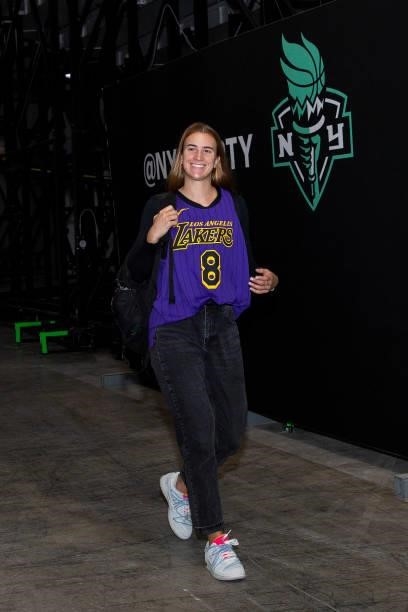 Sabrina Ionescu of the New York Liberty arrives to the game against the Phoenix Mercury on August 25, 2021 at Barclays Center in Brooklyn, New York....