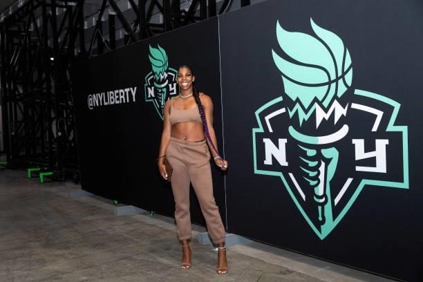Reshanda Gray of the New York Liberty arrives to the game against the Phoenix Mercury on August 25, 2021 at Barclays Center in Brooklyn, New York....