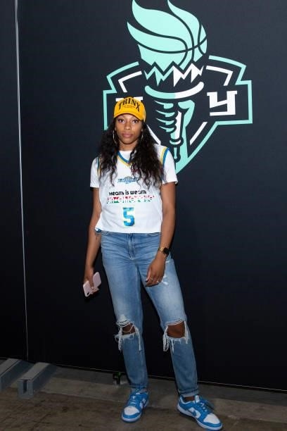 Betnijah Laney of the New York Liberty arrives to the game against the Phoenix Mercury on August 25, 2021 at Barclays Center in Brooklyn, New York....