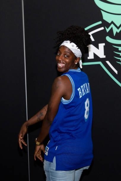 Jazmine Jones of the New York Liberty arrives to the game against the Phoenix Mercury on August 25, 2021 at Barclays Center in Brooklyn, New York....