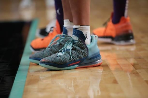 The sneakers worn by Kylee Shook of the New York Liberty during the game against the Phoenix Mercury on August 25, 2021 at Barclays Center in...