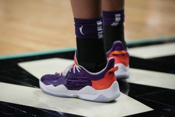 The sneakers worn by Kia Vaughn of the Phoenix Mercury during the game against the New York Liberty on August 25, 2021 at Barclays Center in...