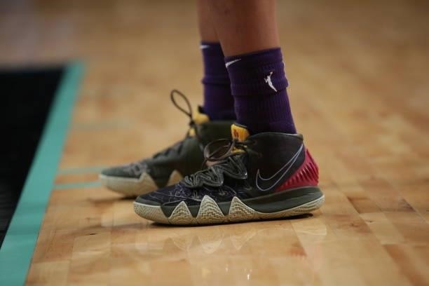 The sneakers worn by Brianna Turner of the Phoenix Mercury during the game against the New York Liberty on August 25, 2021 at Barclays Center in...