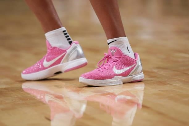 The sneakers worn by Betnijah Laney of the New York Liberty during the game against the Phoenix Mercury on August 25, 2021 at Barclays Center in...