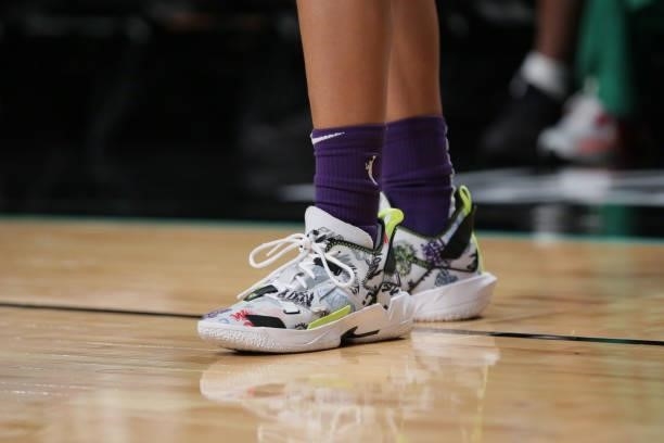 The sneakers worn by Shey Peddy of the Phoenix Mercury during the game against the New York Liberty on August 25, 2021 at Barclays Center in...
